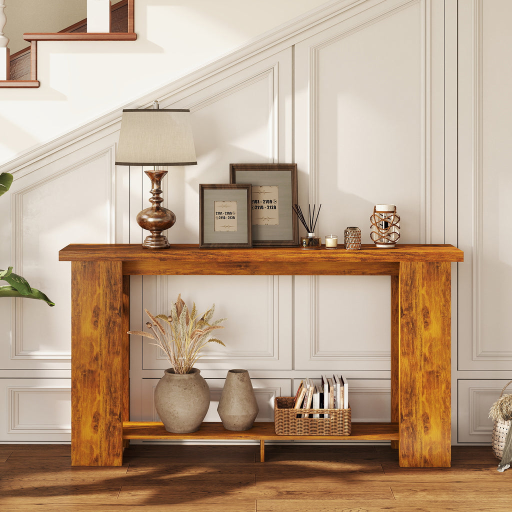 Farmhouse Console Table, 63" Narrow Entryway Table with Thickened Tabletop for Living Room, Hallway, Distressed Brown
