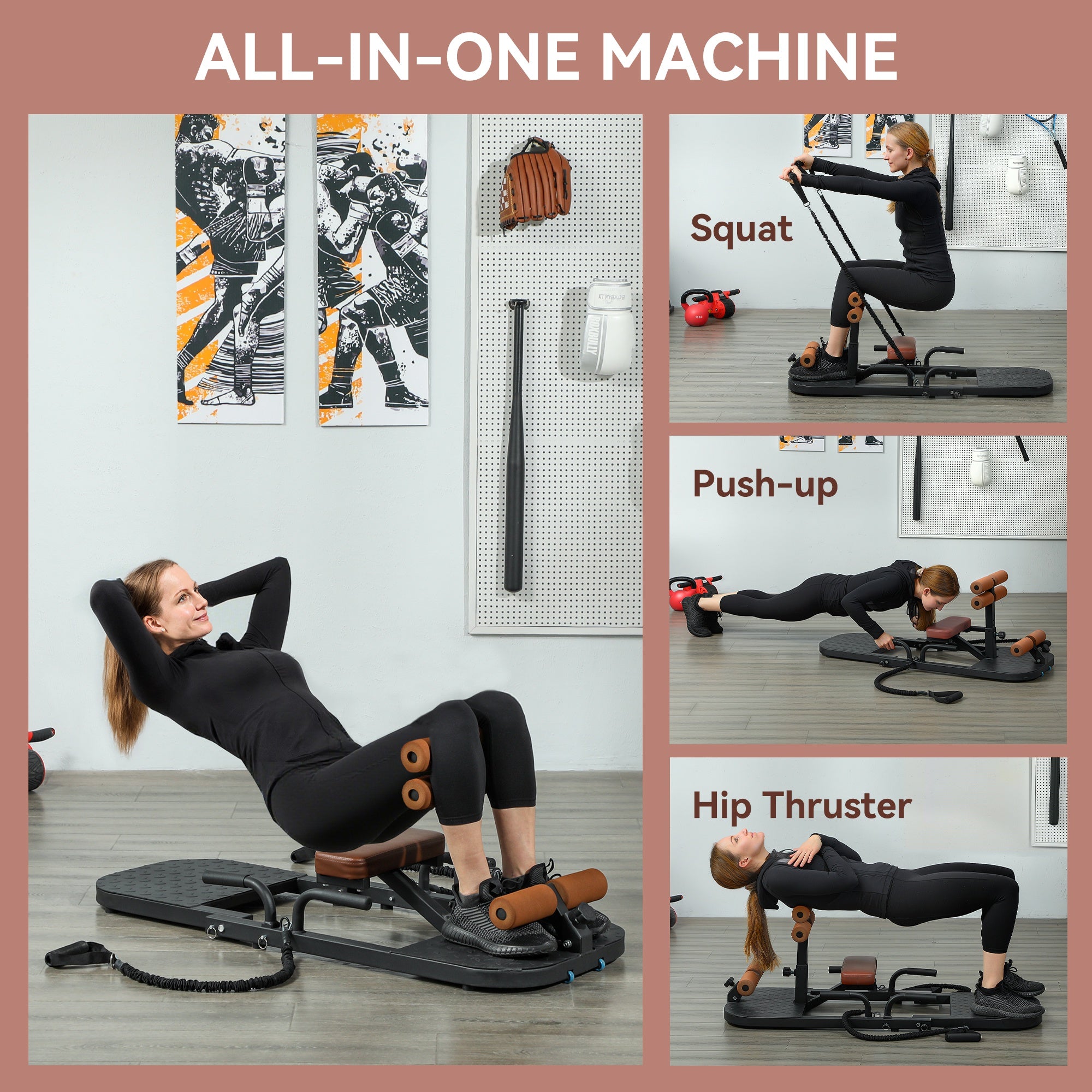 Foldable Sissy Squat Machine, Hip Thrust Machine with Push Up Stand, Multipurpose Glute Workout Equipment, Black