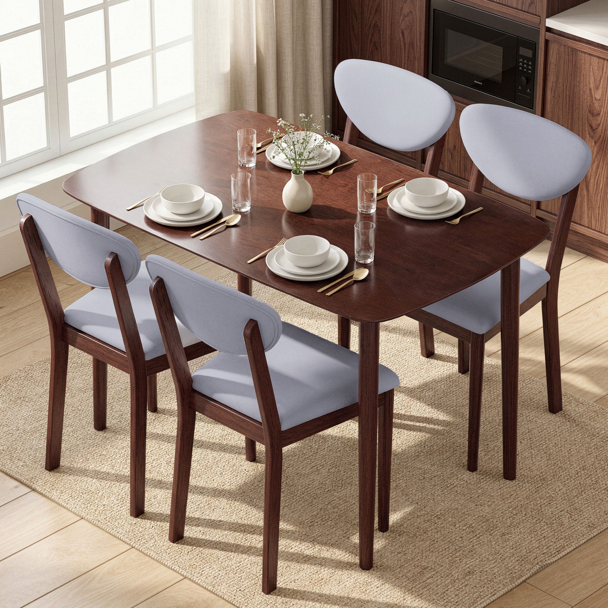 5-Piece Dining Table Set for 4, Mid-Century Modern Kitchen Table and Chairs, Light Gray