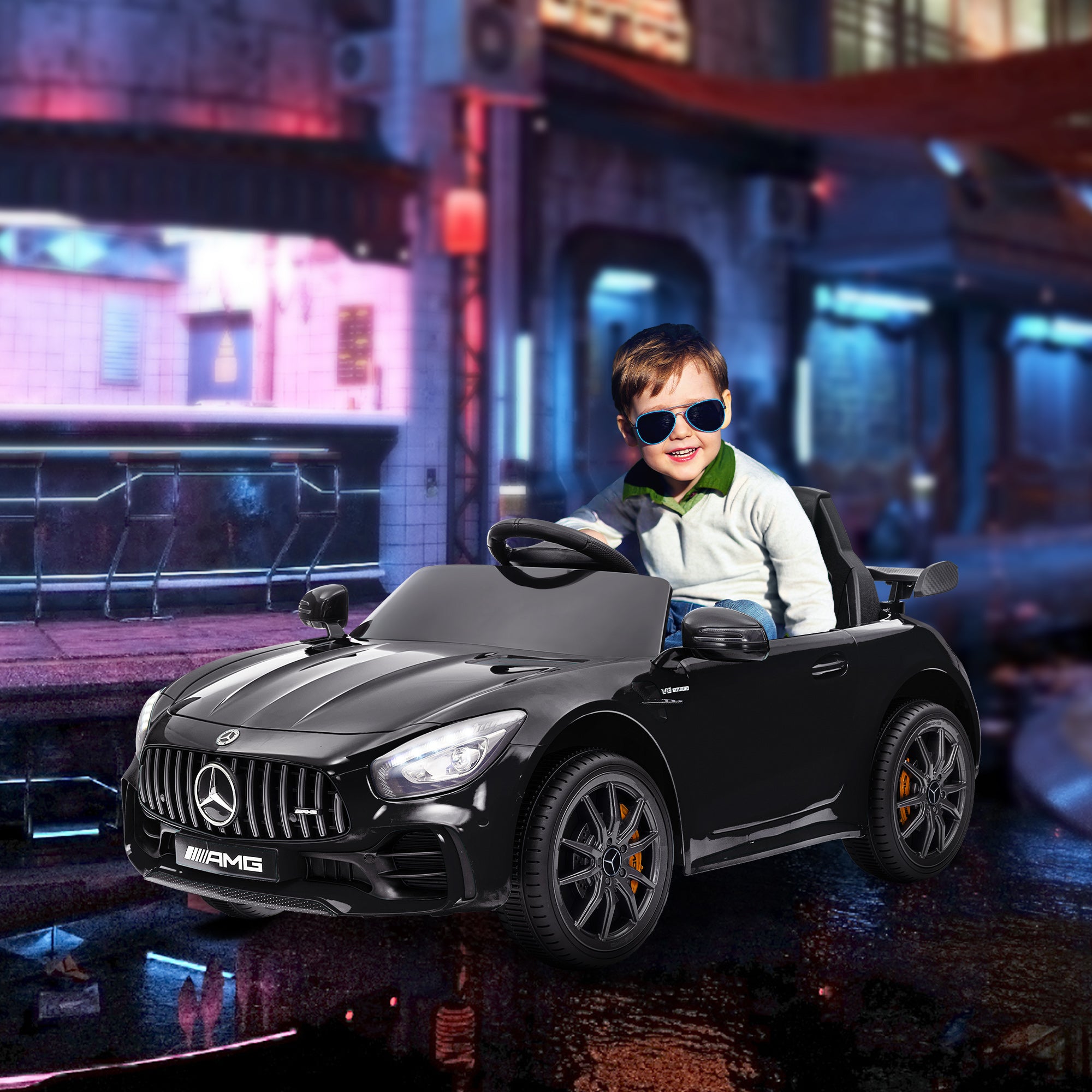 AMG GTR Licensed 12V Battery Powered Kids Electric Car w/ Remote Control & Soft Start, Black
