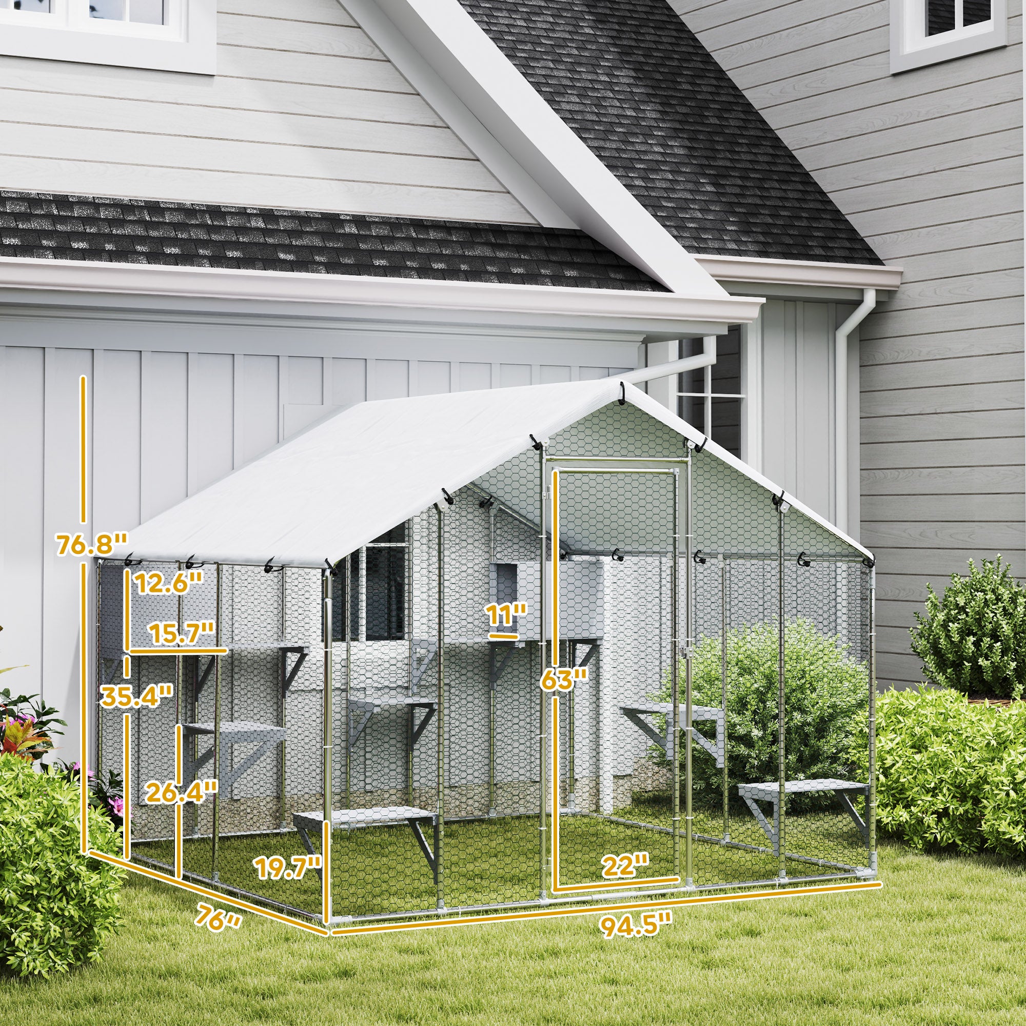 95" Extra Large Metal Outdoor Catio with Waterproof Cover, 2 Resting Boxes, 7 Jumping Platforms, for Multiple Cats