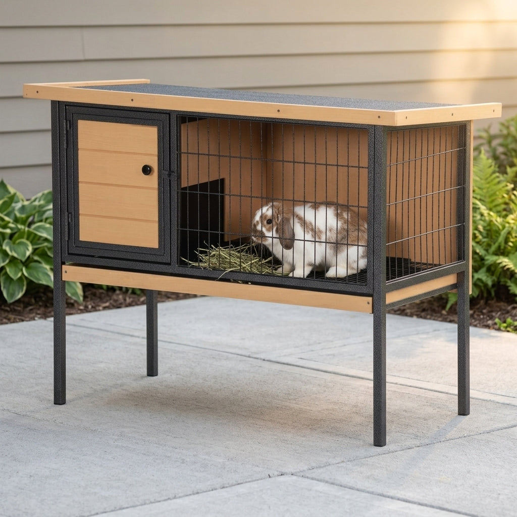 Rabbit Hutch Elevated Bunny Cage Small Animal Habitat with Metal Frame, No Leak Tray, Metal Wire Pan, Openable Water-Resistant Asphalt Roof for Rabbits, Chickens, Ducks, Indoor/Outdoor Natural