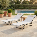 Folding Chaise Lounge Chair, Pool Sun Tanning Chair, Outdoor Lounge Chair with Reclining Back, Breathable Mesh Seat, Headrest for Beach, Yard, Patio, Cream White