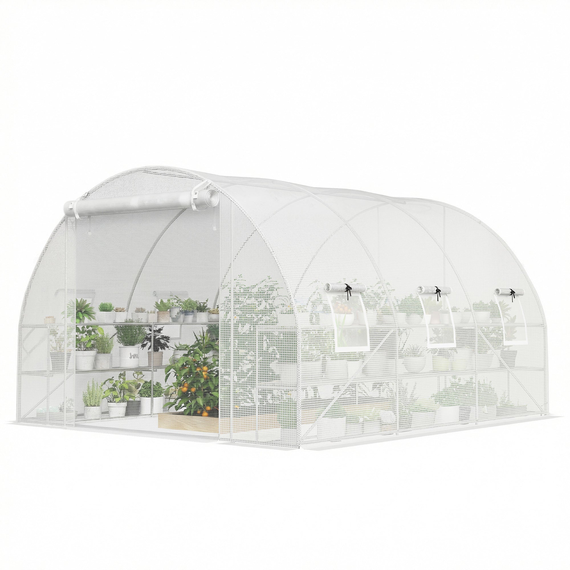 10'x11'x6' Walk-in Tunnel Greenhouse with Shelves, Mesh Door and Windows, Hoop House Greenhouse with PE Cover, White