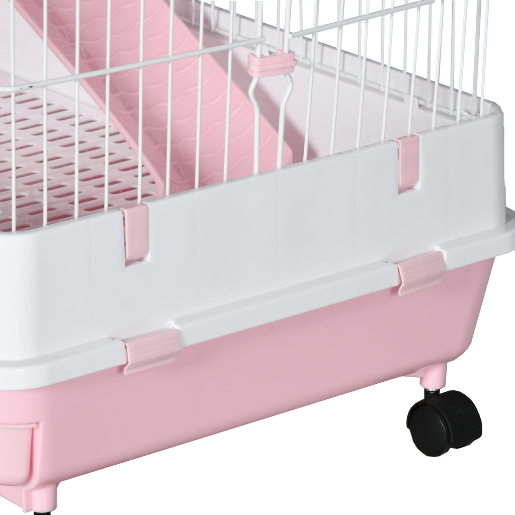 32"L 6-Level Small Animal Cage Rabbit Hutch with Universal Lockable Wheels, Slide-out Tray for Bunny, Chinchillas, Ferret, Pink