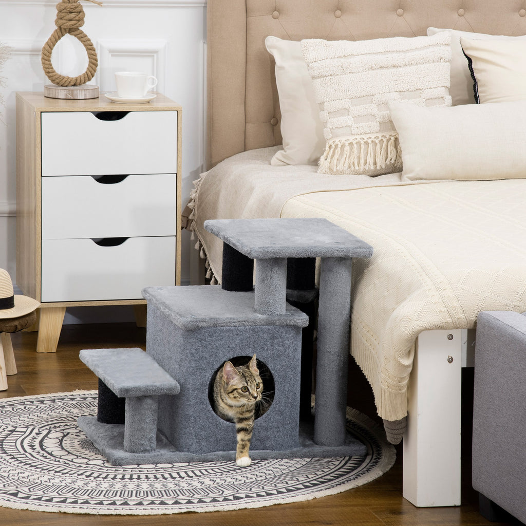 Adjustable Height 3 Step/4 Step Cat Stairs with Cat Scratching Post, Cat Condo, Toy Ball, for Bed, Sofa, Couch, Gray