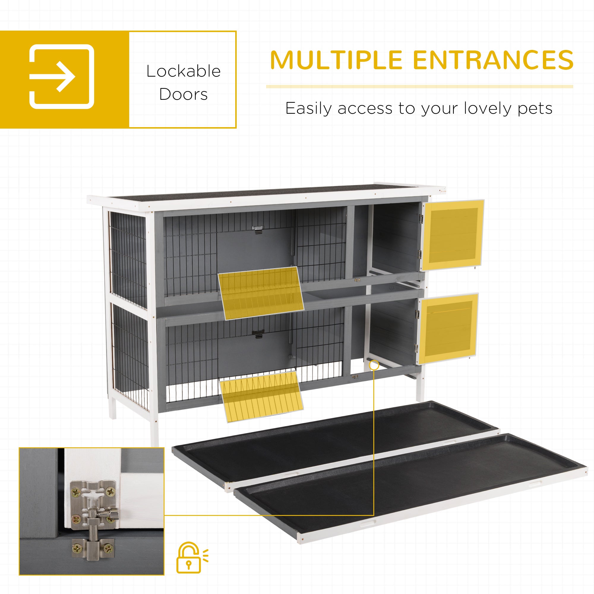 54" 2-Story Large Rabbit Hutch Bunny Cage Wooden Pet House Small Animal Habitat with Lockable Doors, No Leak Tray and waterproof Roof for Rabbits, Chickens, Ducks, Outdoor/Indoor Dark Gray