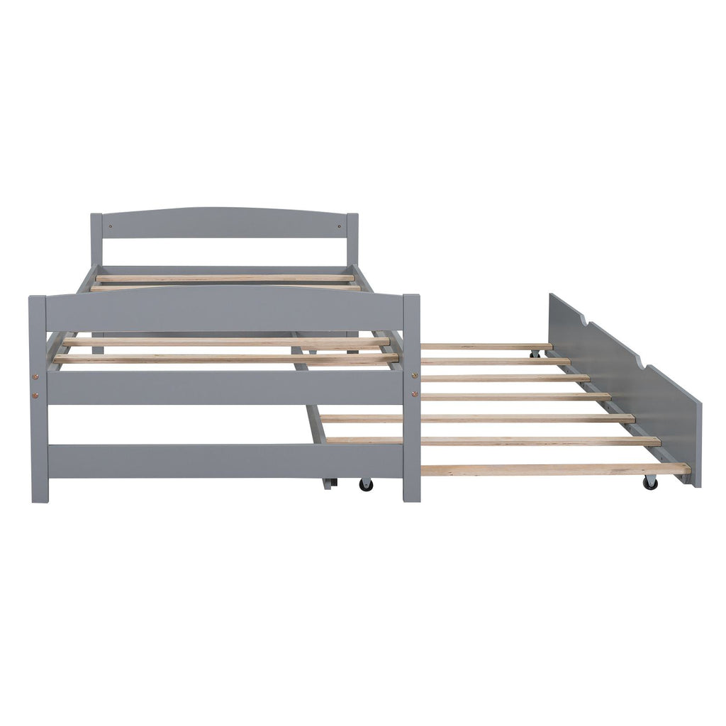 Twin Size Platform Bed with Twin Size Trundle, Headboard and Footboard, Sturdy Pine Wood Construction, 77.5" L x 40.5" W x 22" H, Gray