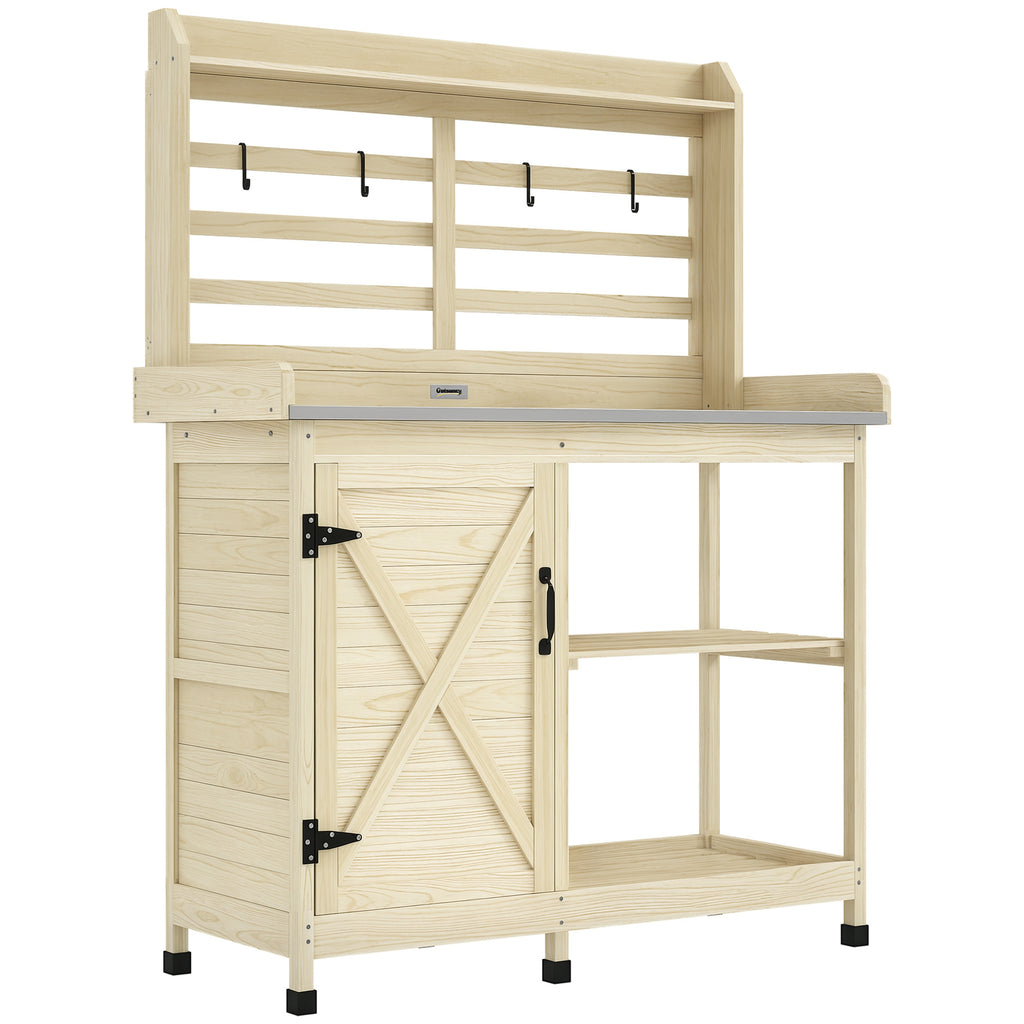 Wooden Potting Bench with Storage, Aluminum Tabletop for Backyard, Patio, Balcony, Natural