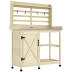 Wooden Potting Bench with Storage, Aluminum Tabletop for Backyard, Patio, Balcony, Natural