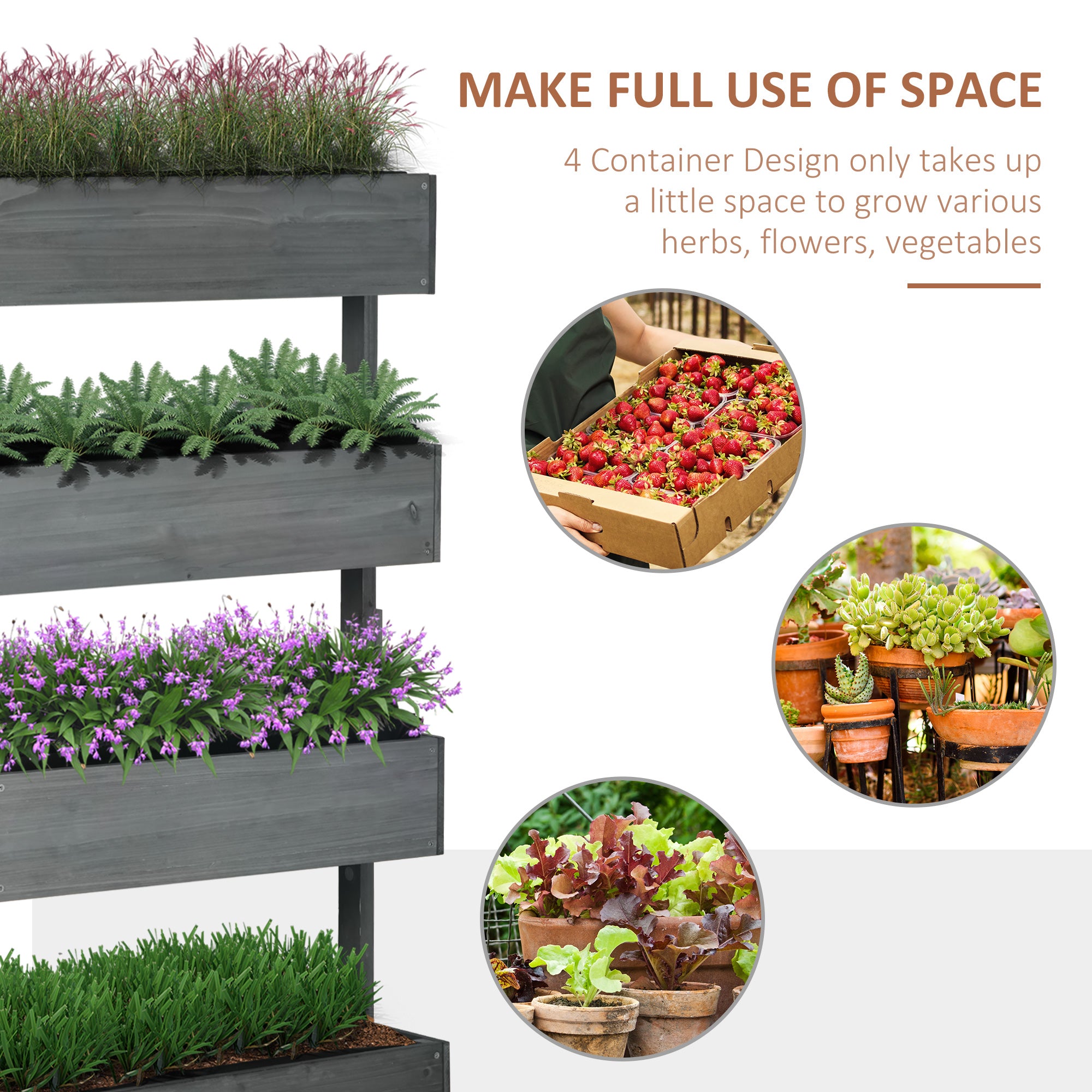 Outdoor Wooden Vertical Garden Planter, 4 Tier Planter Box, Self-Draining for Flowers, Vegetables, Herbs, Gray