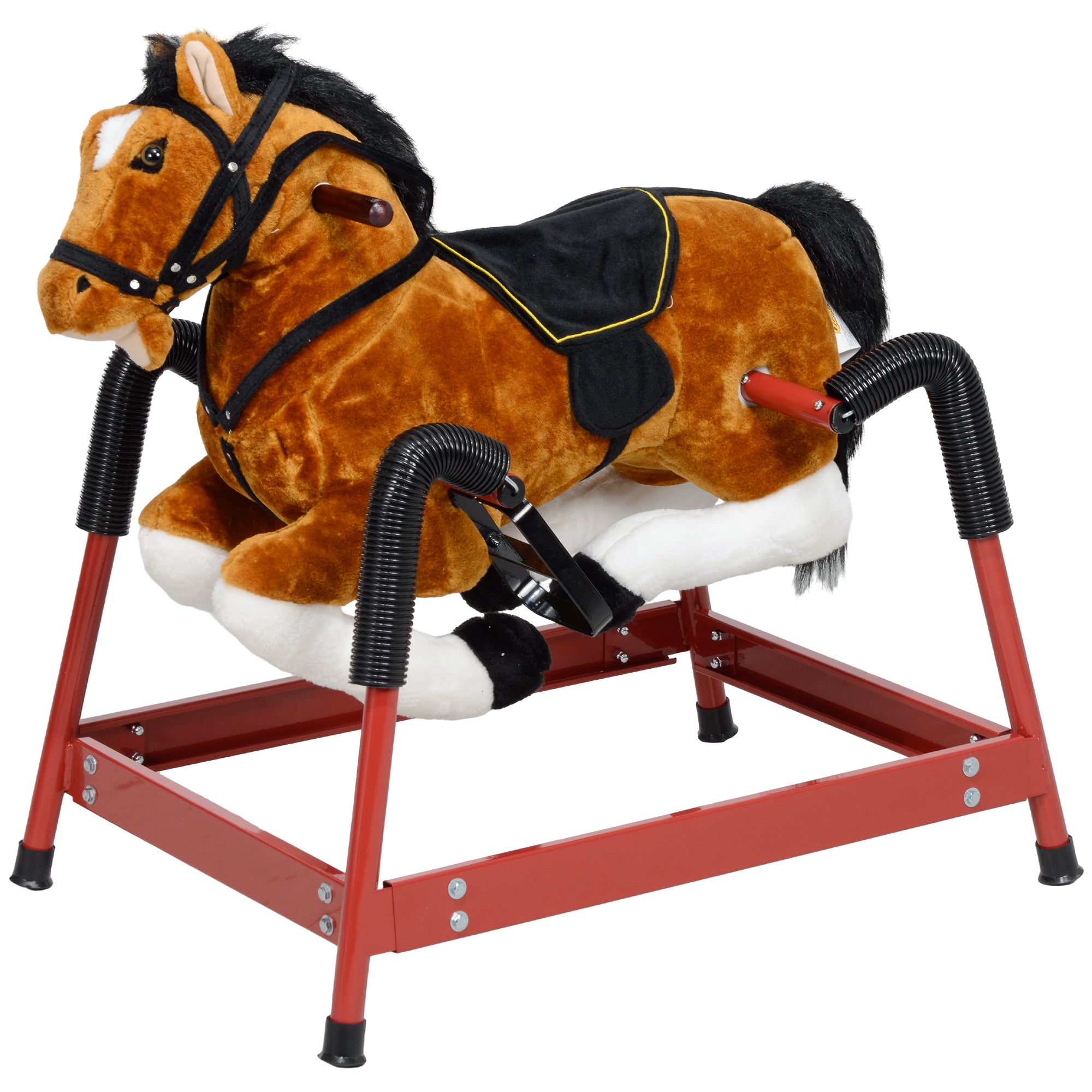 Spring Rocking Horse, Kids Ride on Horse, Plush Horse Ride-on w/ Sounds & Foot Stirrups for Kids 3-8 Years, Brown