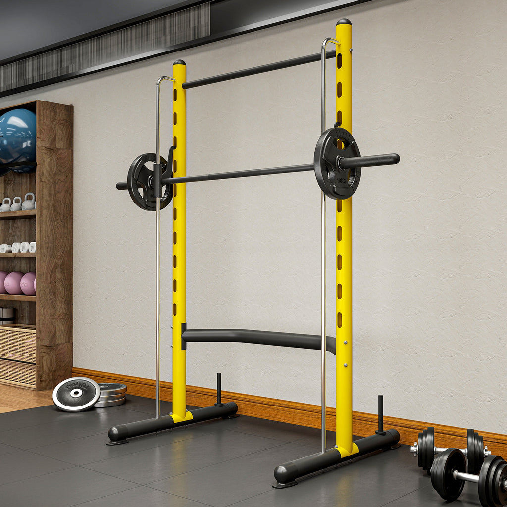 Squat Rack with Pull Up Bar and Barbell Bar Adjustable Bench Press Multi-Function Weight Lifting Half Rack, Yellow