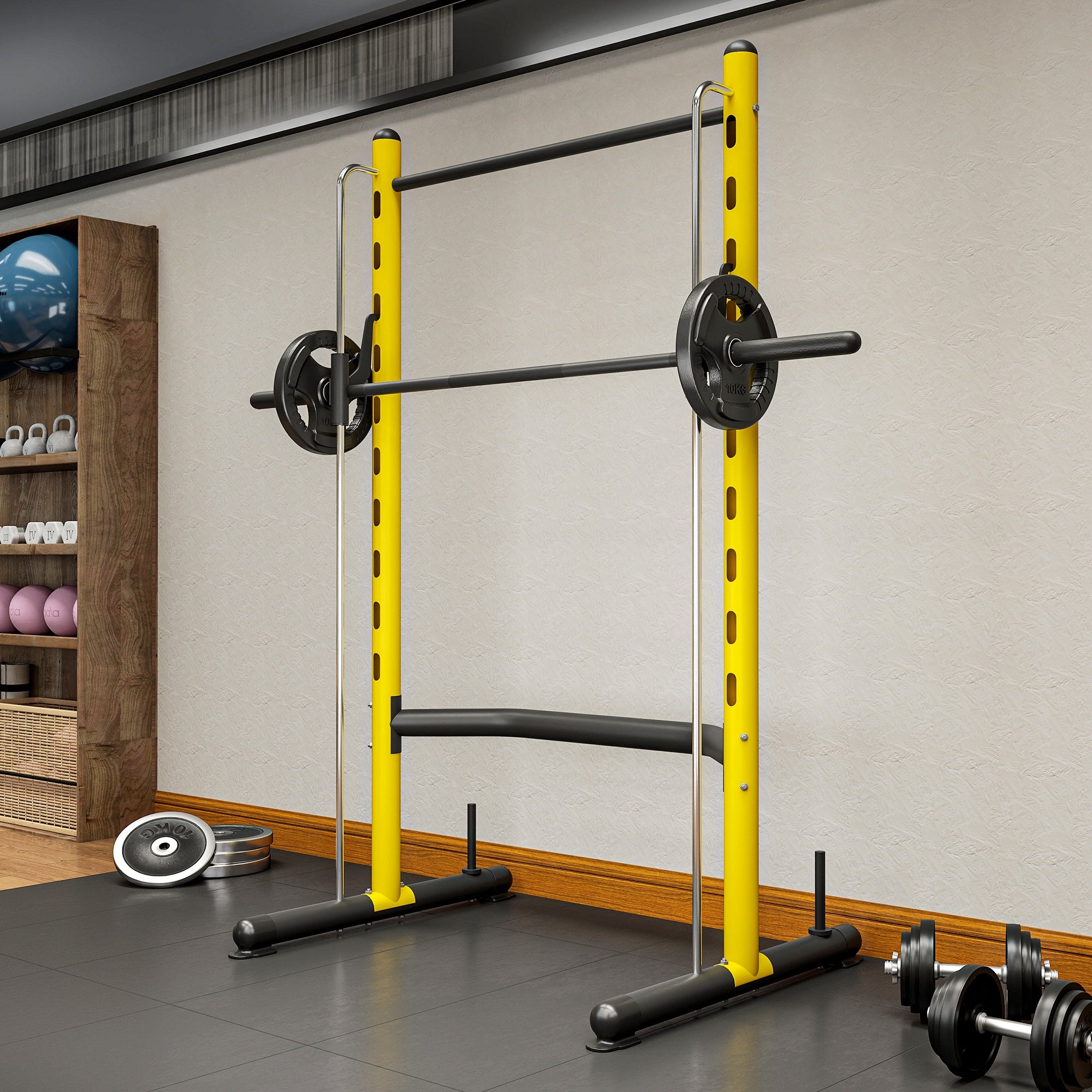 Squat Rack with Pull Up Bar and Barbell Bar Adjustable Bench Press Multi-Function Weight Lifting Half Rack, Yellow