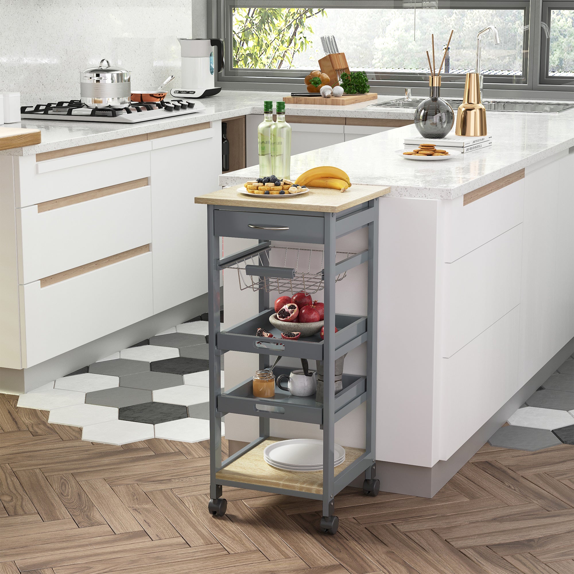 Mobile Kitchen Cart, Rolling Kitchen Island with Storage, Utility Cart with Wire Fruit Baskets, Trays and Drawer, Gray