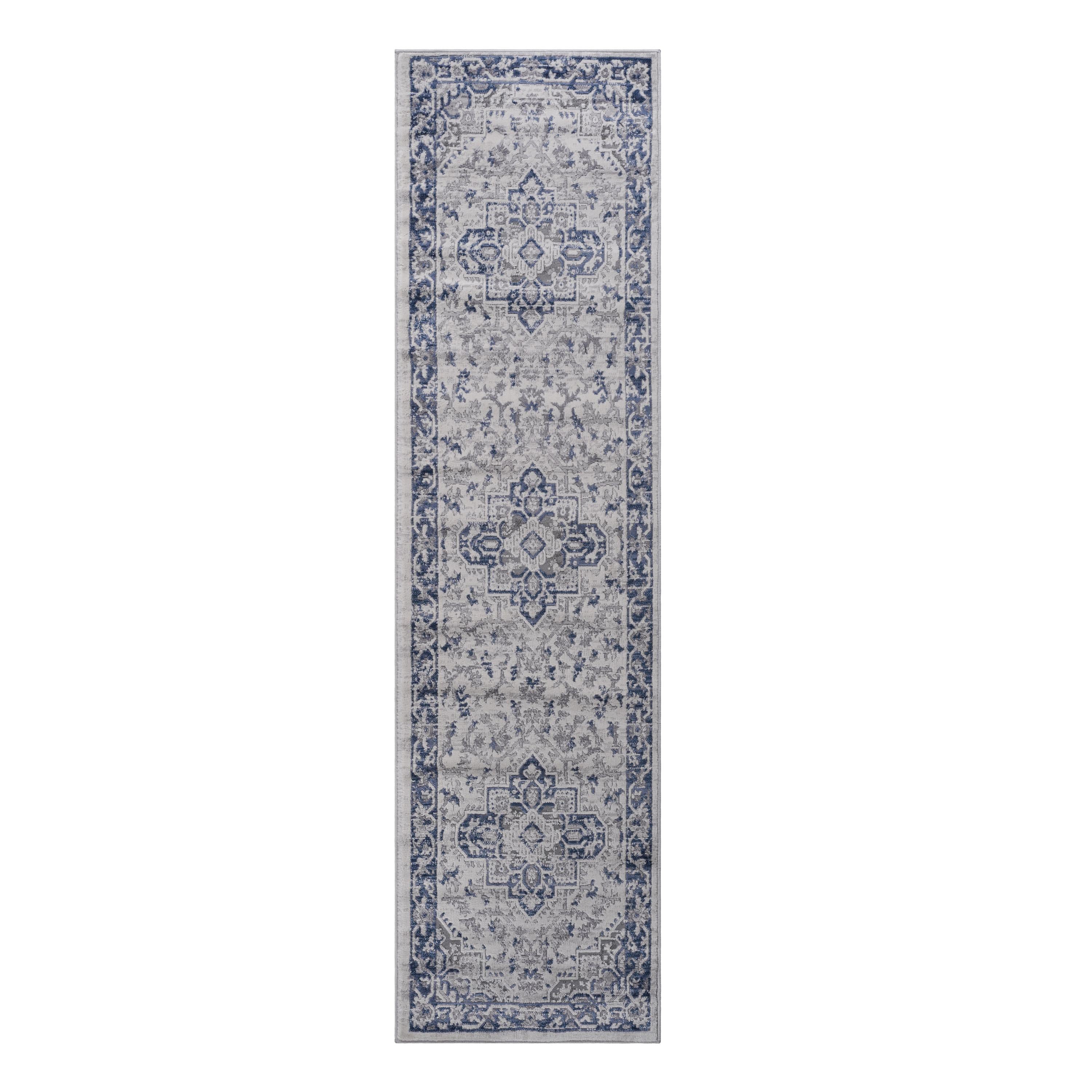 Naar 2x8 Stain-Resistant Area Rug with Cotton Backing, Medium Pile Height, Kid and Pet-Friendly Carpet, 96" L x 26" W x 0.35" H, Blue+Gray