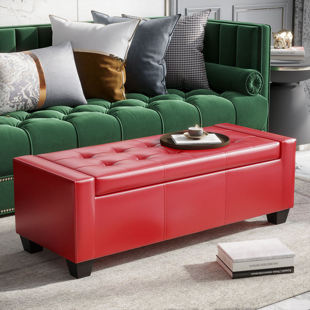 50.5" Faux Leather Rectangular Tufted Storage Ottoman, Bright Red