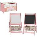 Toy Box with Lid and Kids Easel with Paper Roll, Blackboard, Whiteboard, Cute Fox Design, for Ages 3-8 Years, Pink