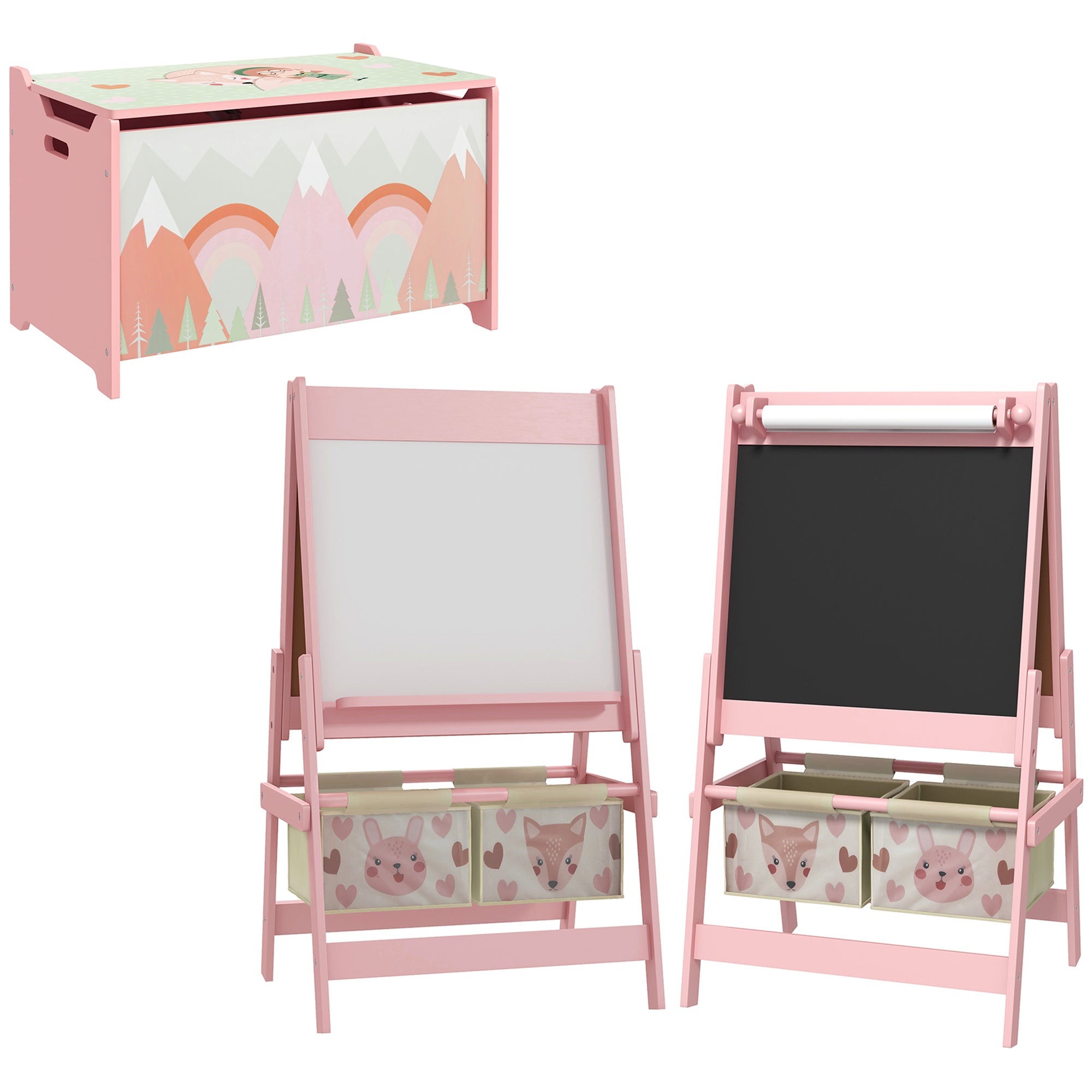 Toy Box with Lid and Kids Easel with Paper Roll, Blackboard, Whiteboard, Cute Fox Design, for Ages 3-8 Years, Pink