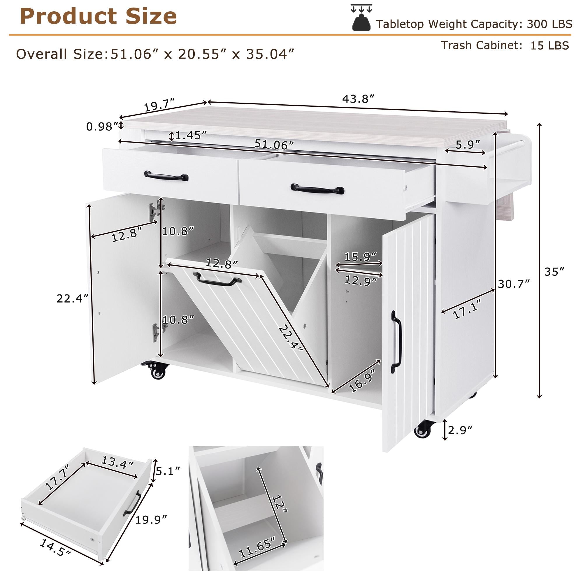 Kitchen Island with Trash Can Storage, Drop Leaf, Spice and Towel Rack, Adjustable Shelf, Utility Cart on Wheels, 51" L x 31.5" W x 35" H, White