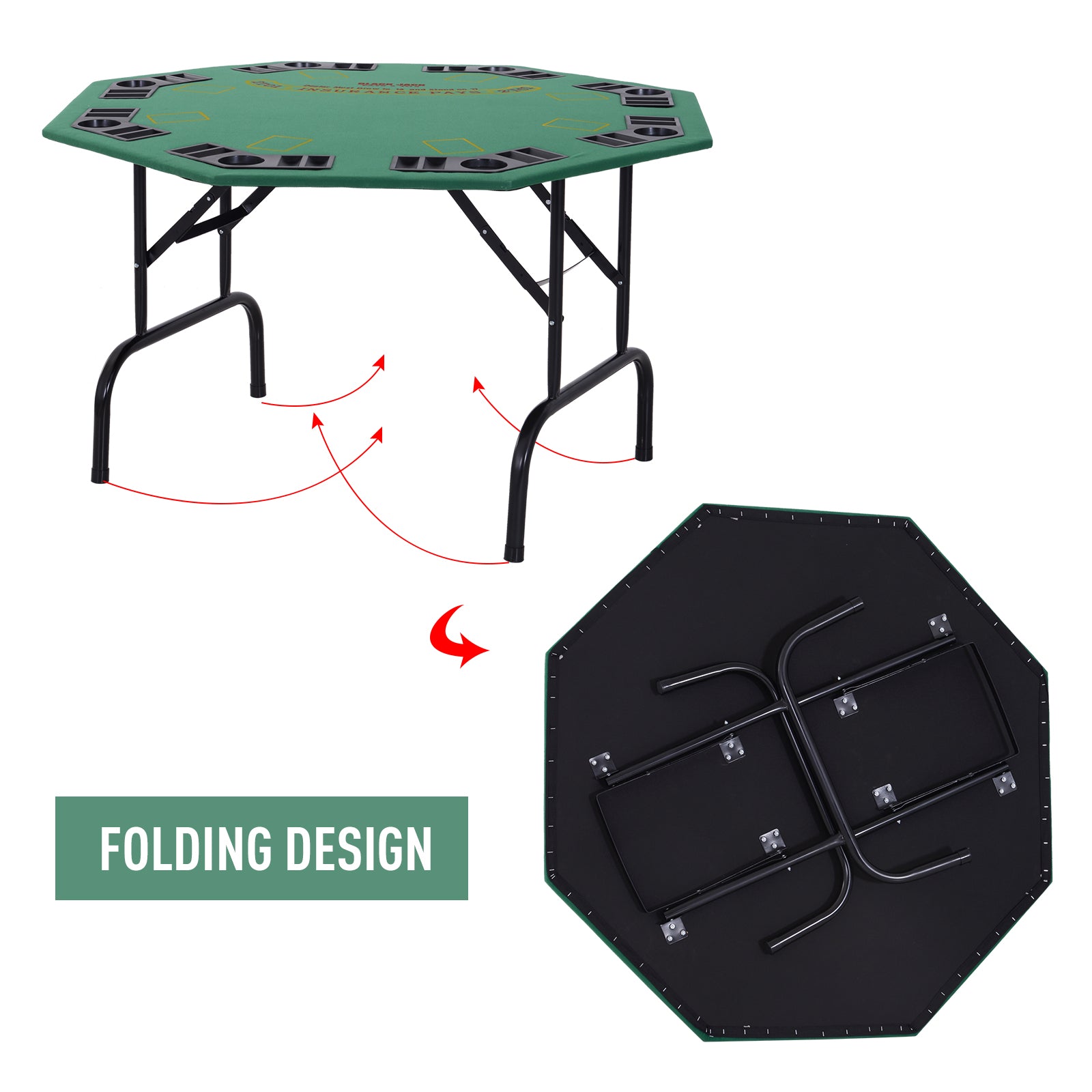 Poker Table Foldable, 47" Octagon Blackjack Poker Game Table for 8 Players with Cup Holders and Chips Tray, Green Felt