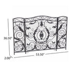 Retro style Fireplace Screen with Ornate Floral Iron Design and Three-Panel, No Assembly Required, 53.5" L x 2" W x 36.5" H, Black+Silver