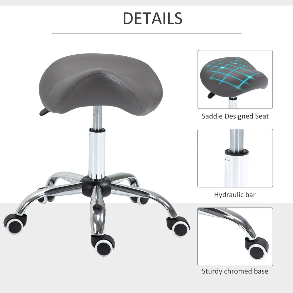 Ergonomic Rolling Saddle Stool PU Leather Hydraulic Spa Stool Height Adjustable Swivel Drafting Salon Chair, Gray