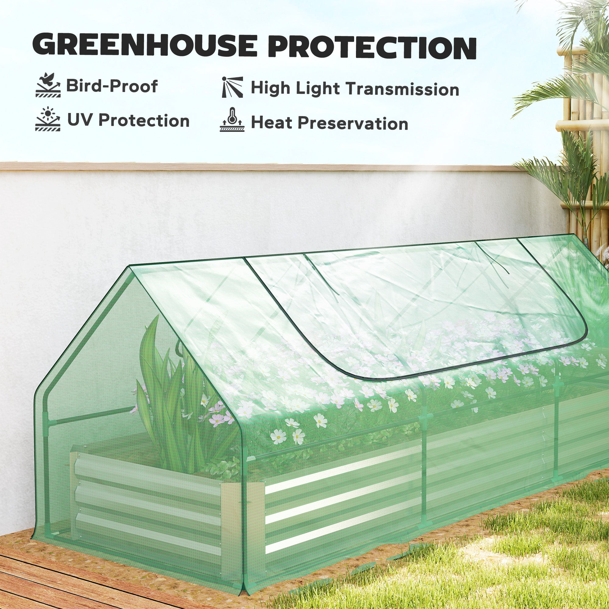 8.6 x 3 x 1ft Metal Planter Box with Mini Greenhouse, Galvanized Raised Garden Bed with Cover for Herbs and Vegetables, Small Greenhouse for Patio Garden Balcony, Green and Silver