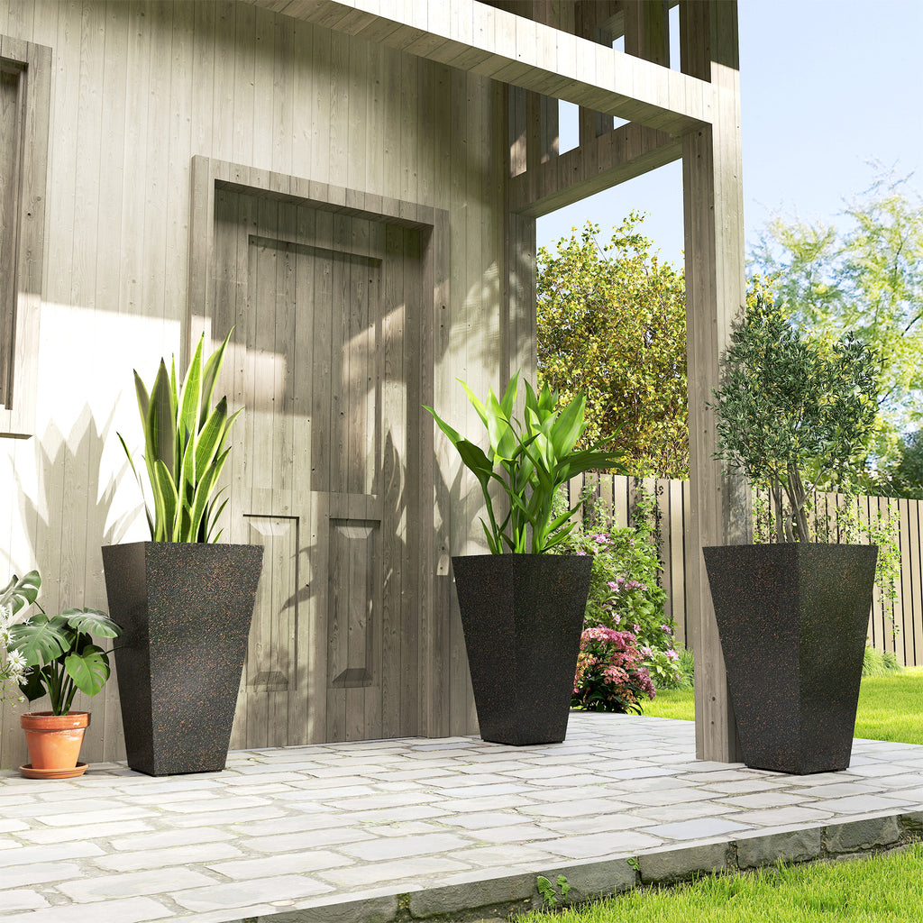 28" Tall Planters, Set of 3 Plastic Flower Pots with Marble Finish and Drainage Holes, Stackable Taper Planters, Brown