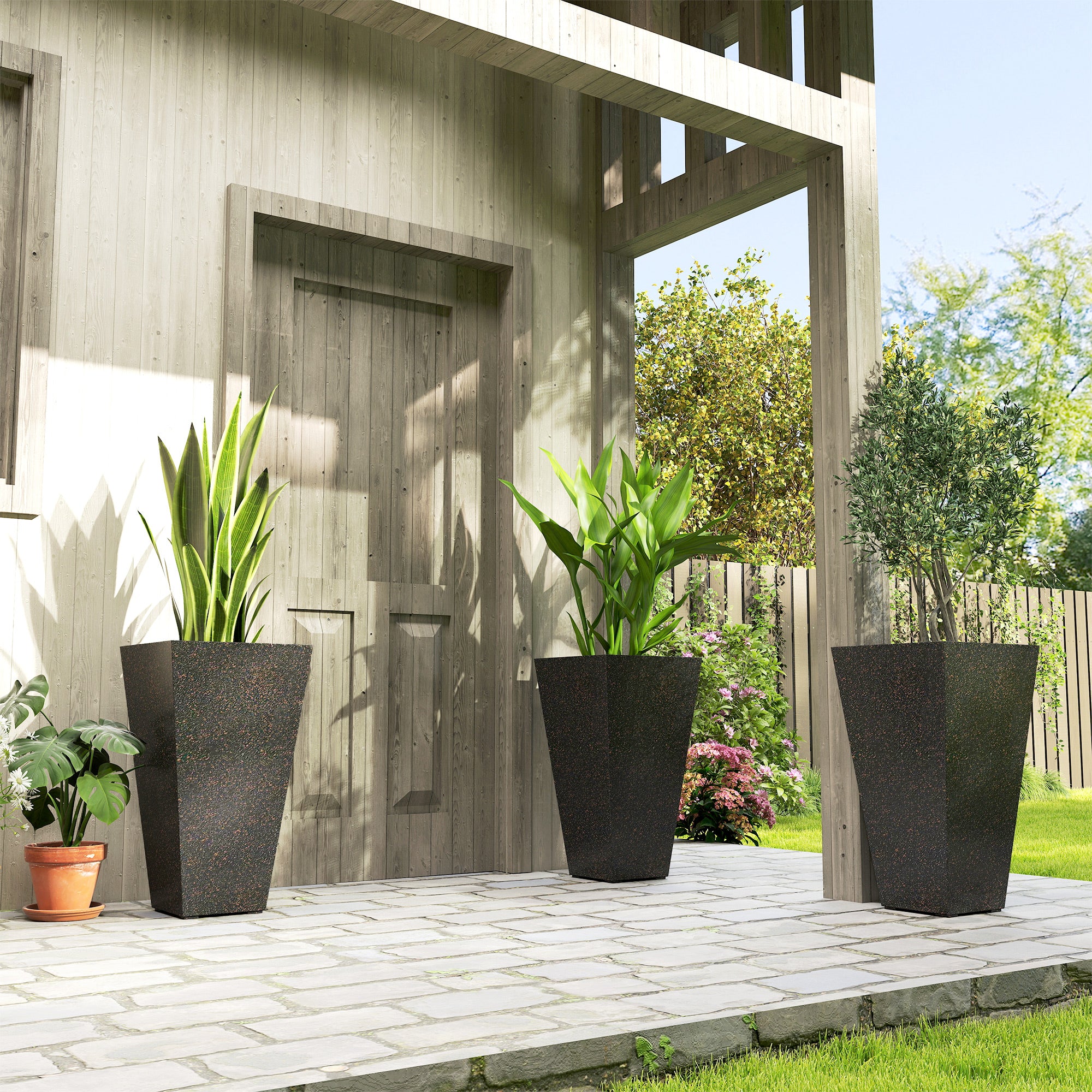 28" Tall Planters, Set of 3 Plastic Flower Pots with Marble Finish and Drainage Holes, Stackable Taper Planters, Brown