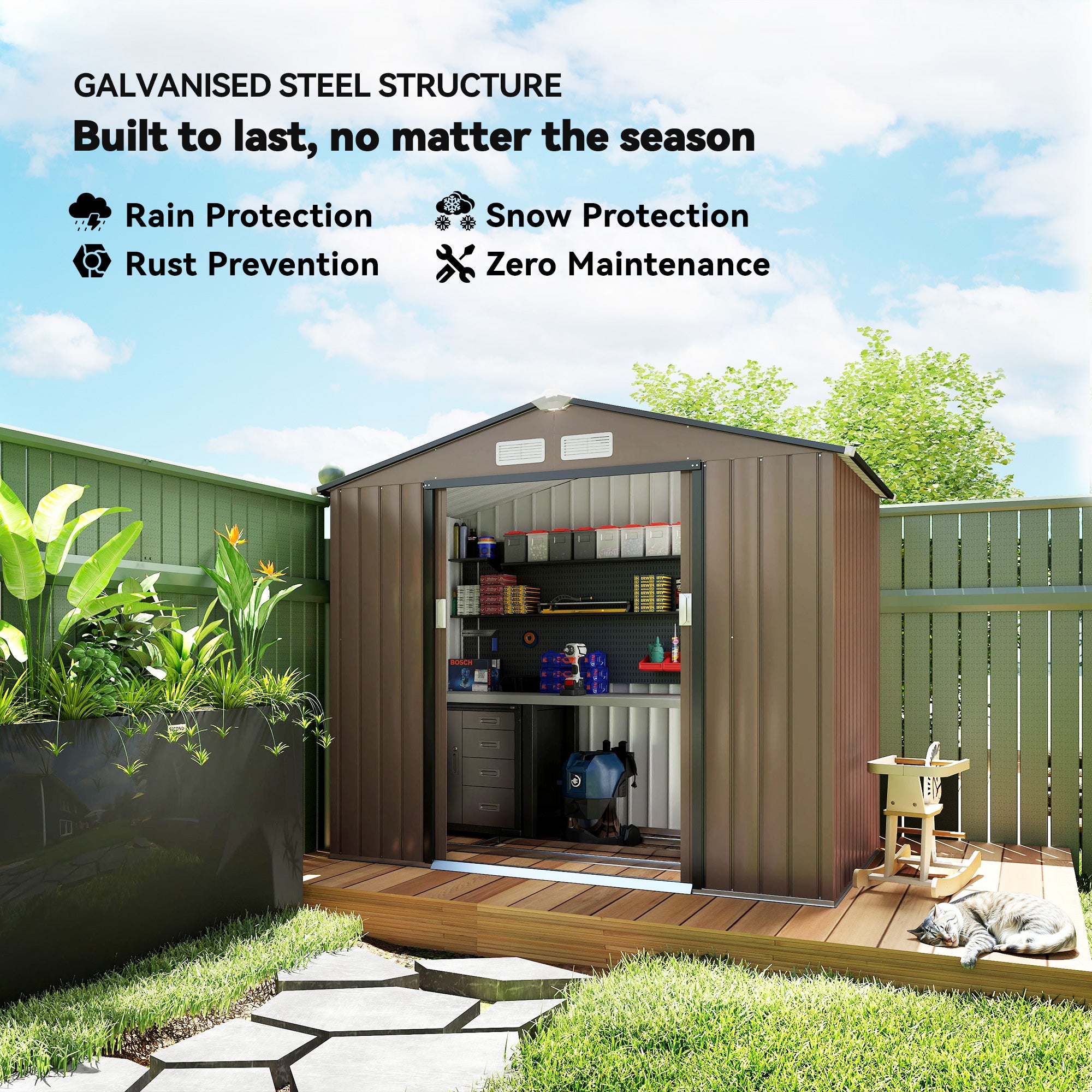 7x4 Storage Shed, Outdoor Garden Tool Shed with Foundation Kit, Vents & Sliding Doors for Backyard Patio, Brown