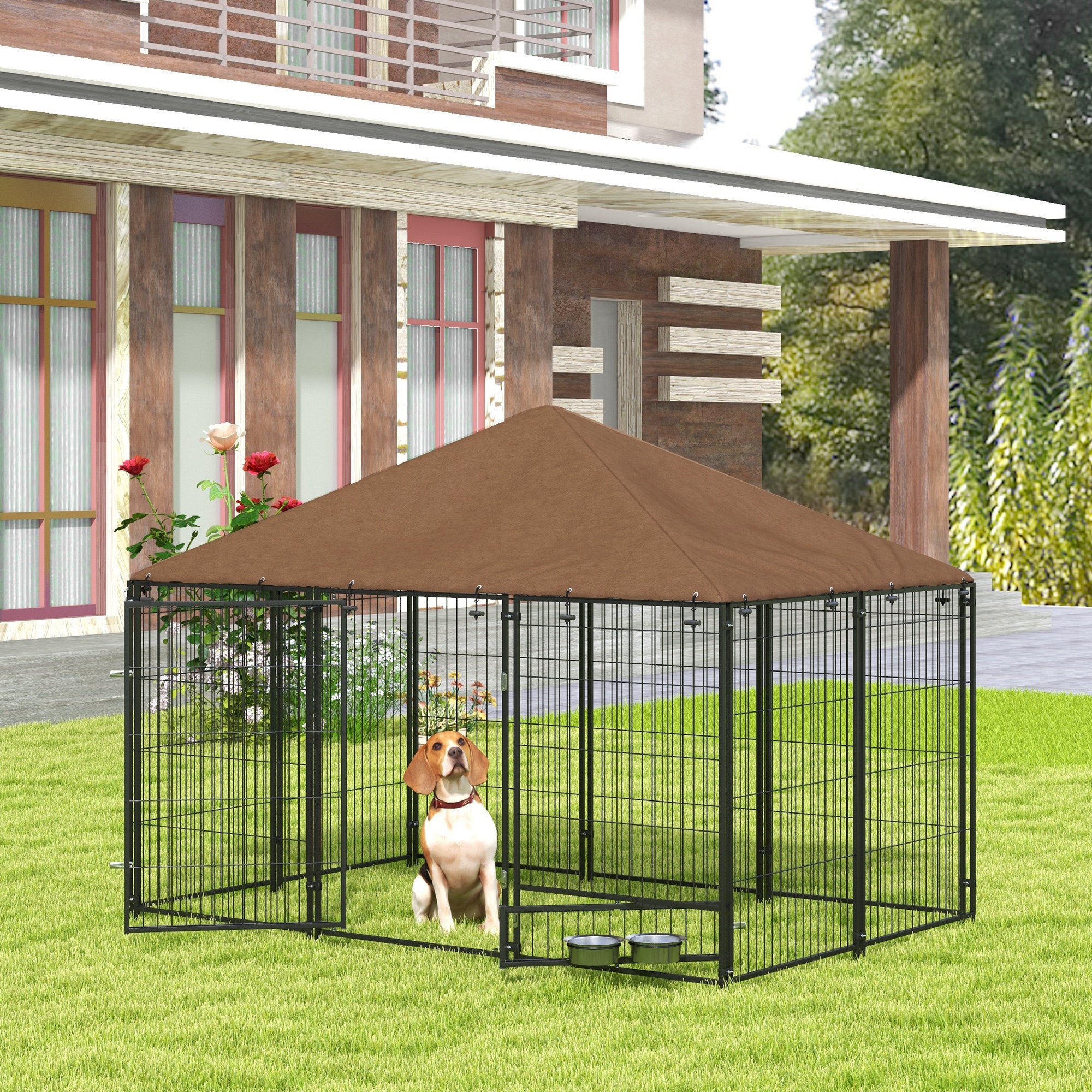 Outside Dog Kennel, 6.9' x 4.6' x 5' Puppy Play Pen with Canopy, Garden Playpen Fence Crate with Rotating Bowl, Black
