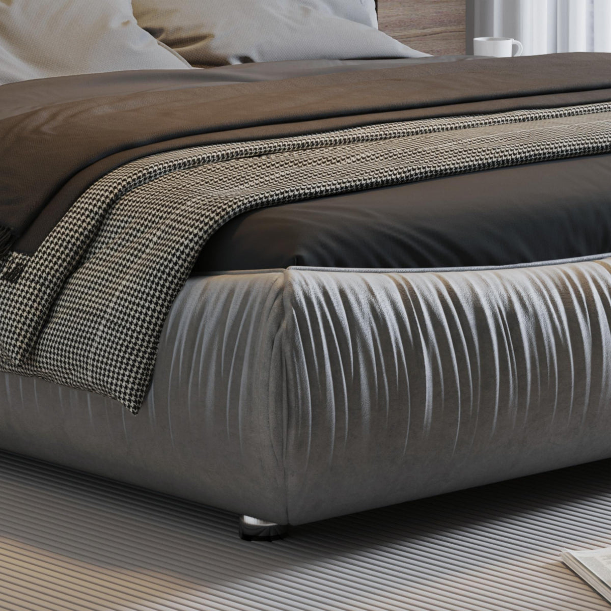 Queen Size Upholstered Bed with Oversized Padded Backrest, Solid Wood Frame, Adjustable Mattress Heights, 96.5" L x 70" W x 43.5" H, Grey