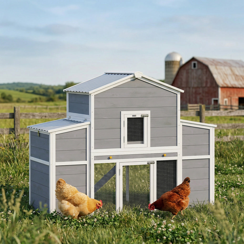 66.5" Large Chicken Coop, Wooden Chicken House with 2 Nesting Boxes, Sliding Tray & Ramp, for Backyard Farm