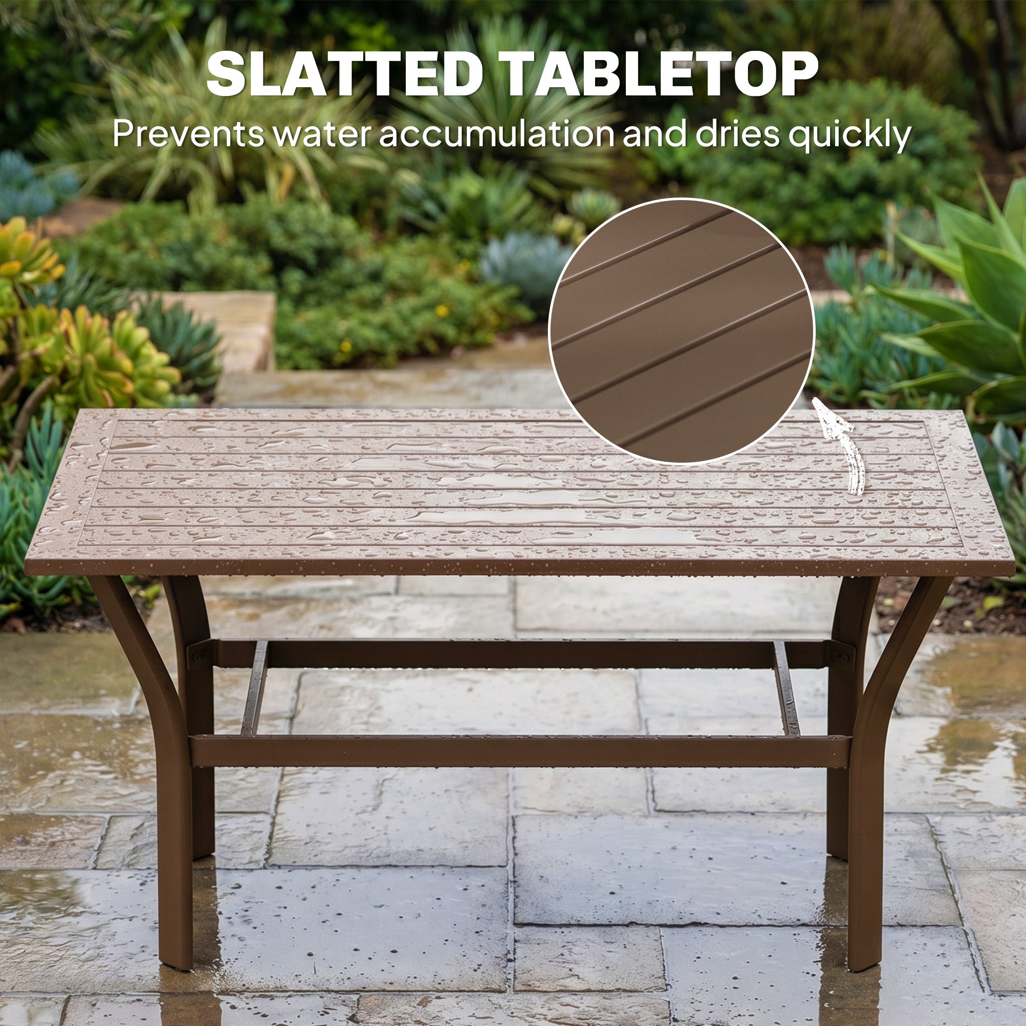 Outdoor Coffee Table with Slatted Tabletop, All-Weather Rectangle Metal Patio Coffee Table for Garden, Brown