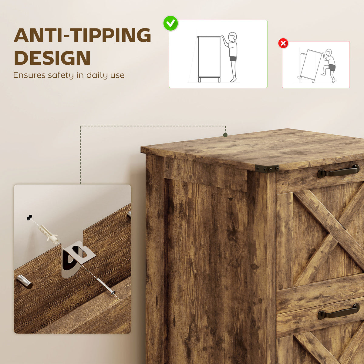 Vertical File Cabinet with 2 Drawers, Rustic Farmhouse Office Storage Cabinet for A4, Letter Size, Rustic Brown