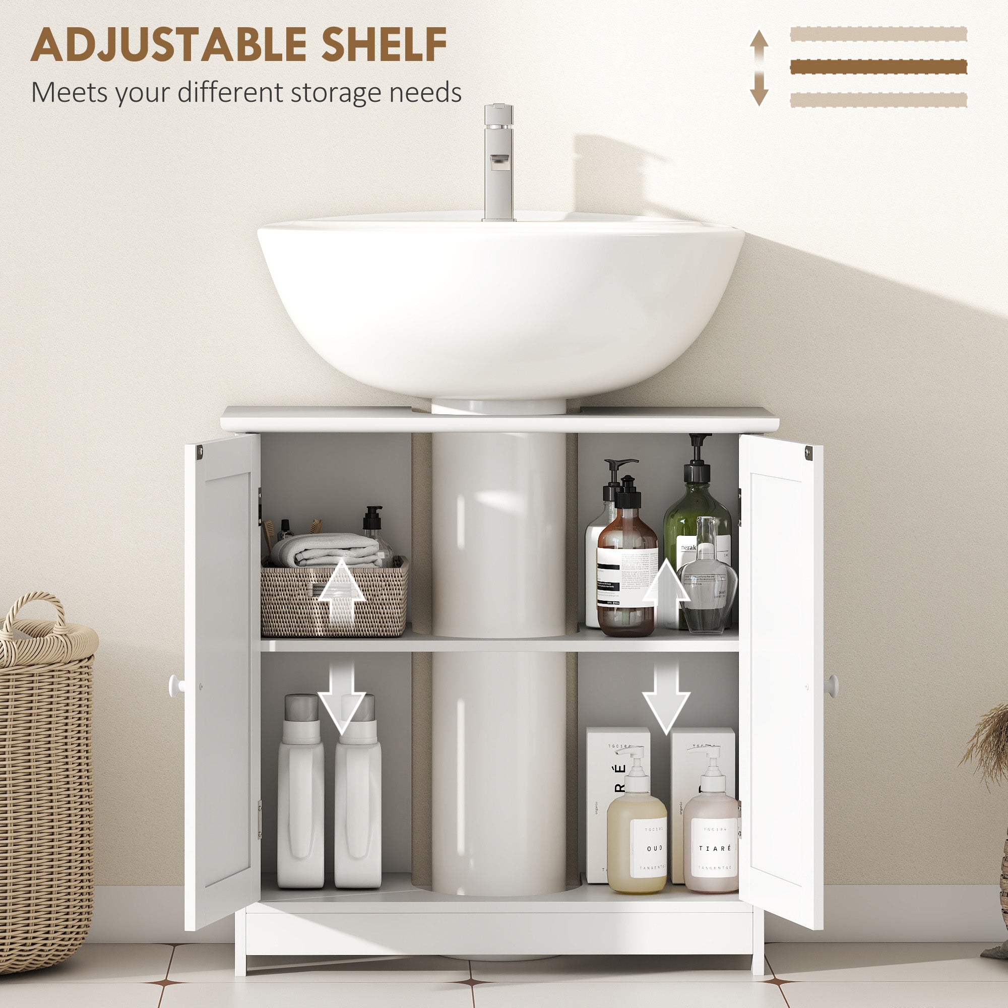 24" Under Sink Storage Cabinet with 2 Doors and Shelves, Pedestal Sink Bathroom Vanity Furniture, White