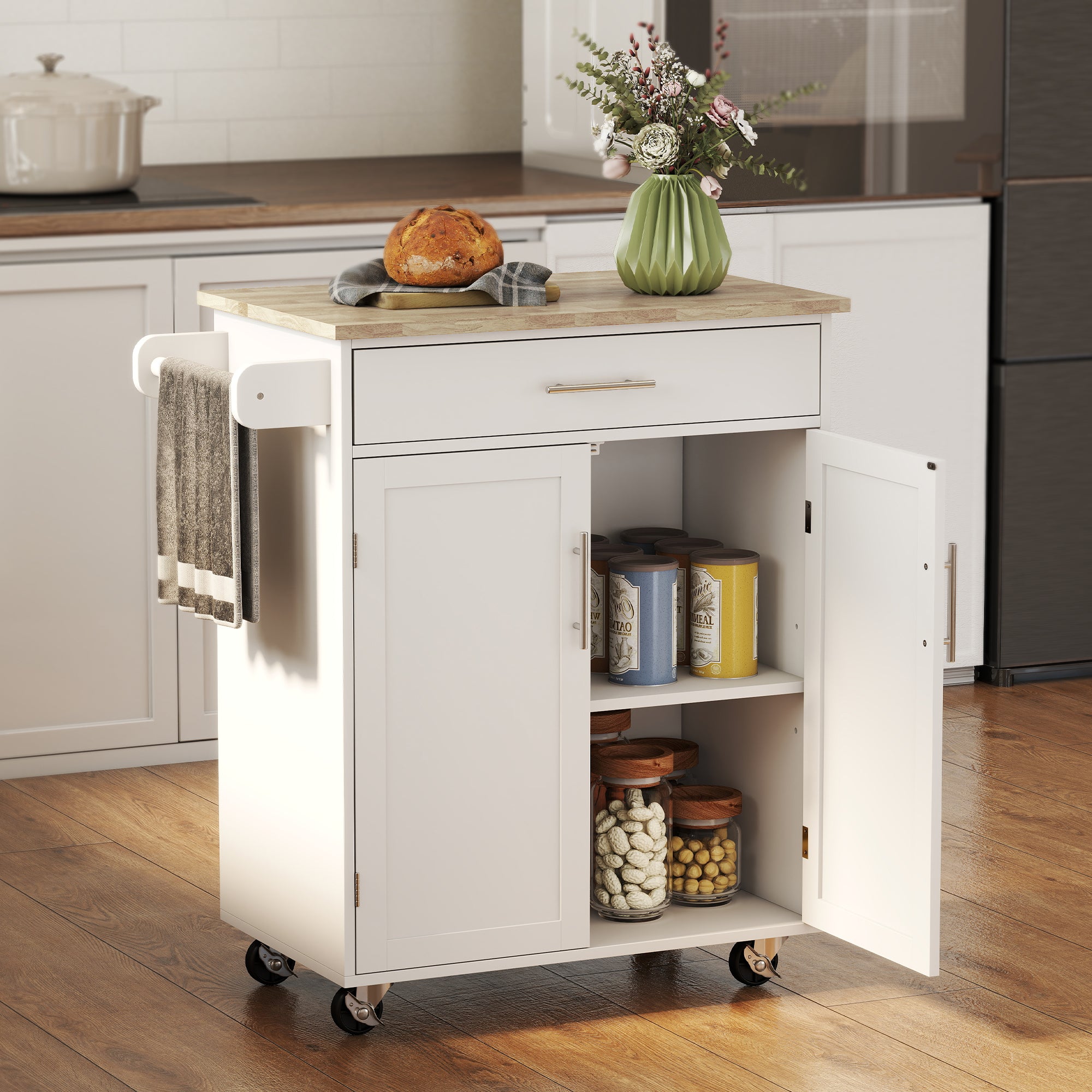 Kitchen Island Cart, Rolling Island Table with Solid Wood Top, Trolley Cart with Drawer, Storage Cabinet & Towel Rack, White