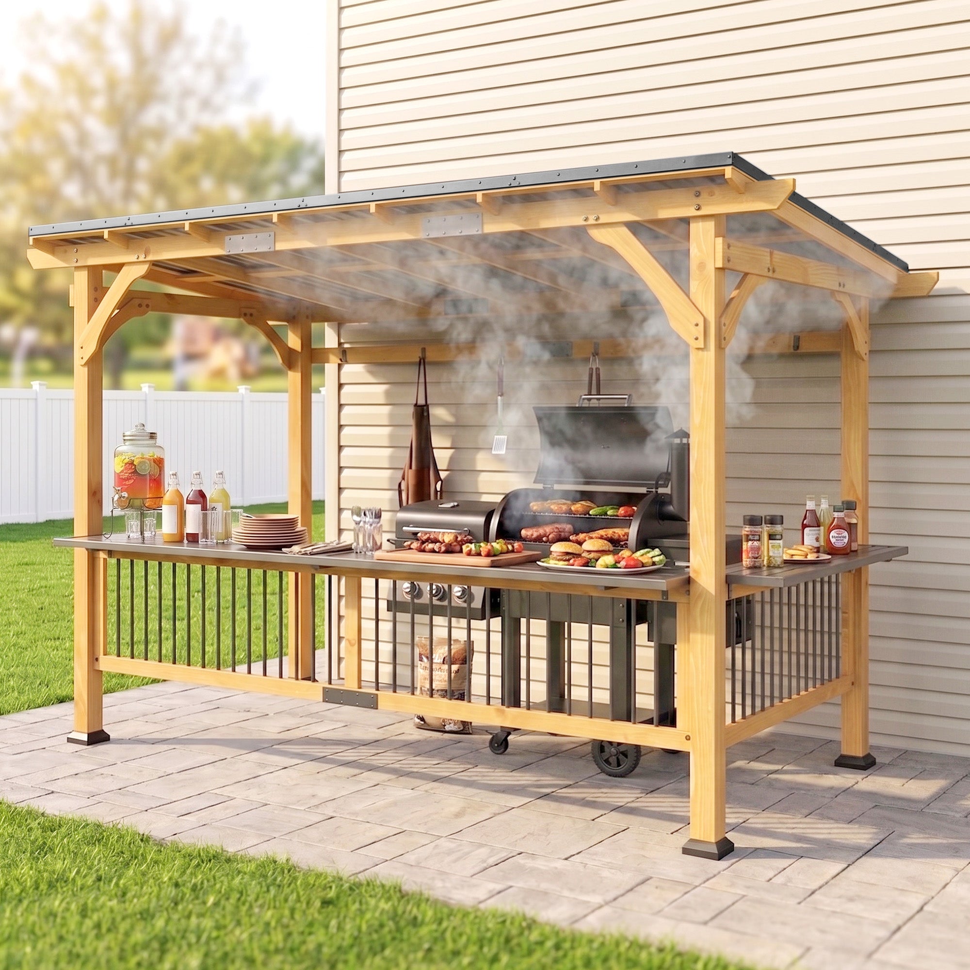 13' x 6' Wooden BBQ Grill Gazebo, Outdoor Hardtop Grill Gazebo with Metal Roof, 2 Bar Shelves and 6 Hooks, Natural