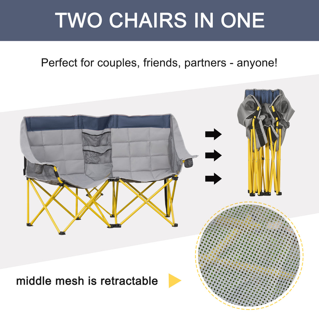 Loveseat Style Camping Chair, Oversized Folding Lawn Chair with Carry Bag & Cup Holders, for Outdoor, Navy Blue & Gray