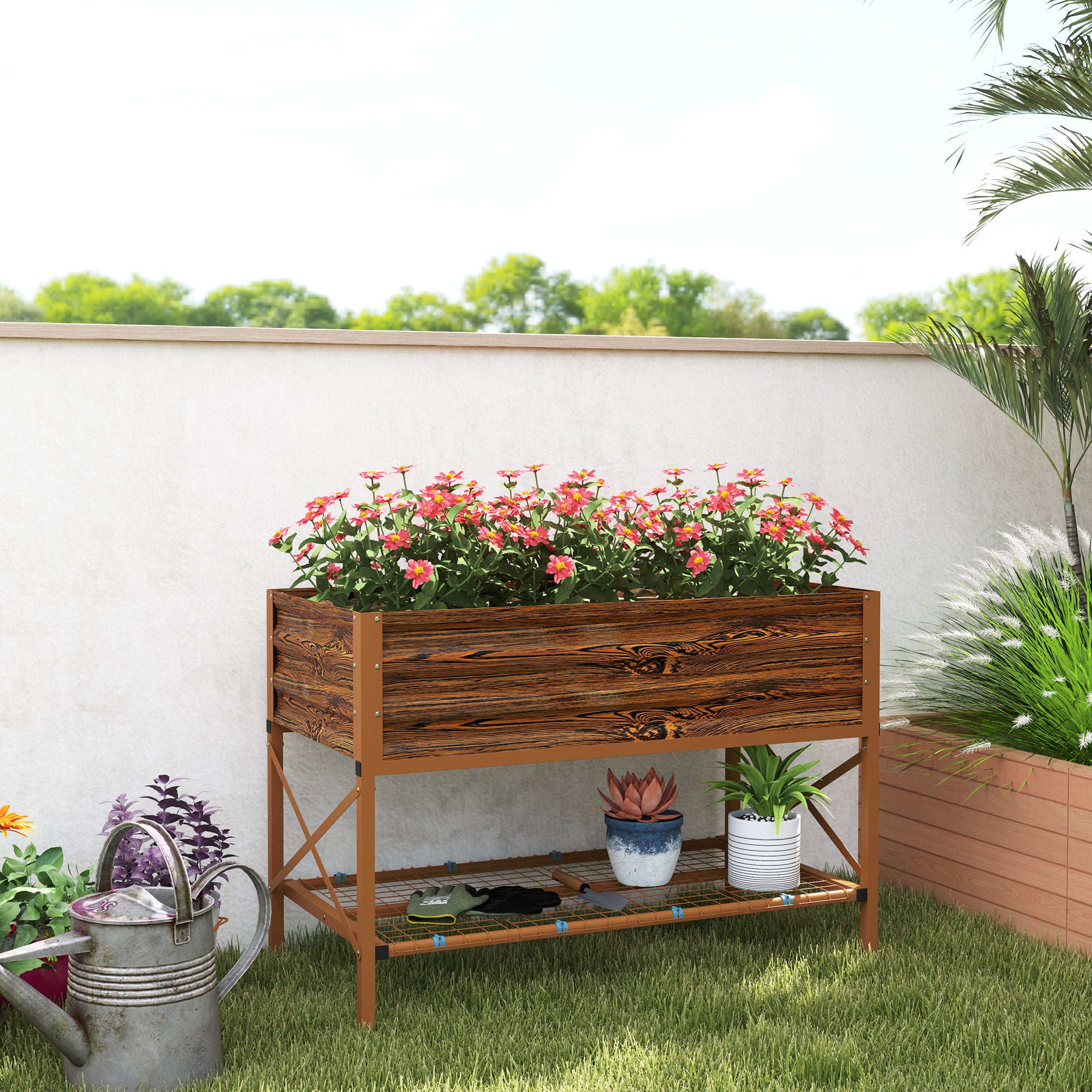 Galvanized Raised Garden Bed, Metal Planter Box with Legs, Storage Shelf and Bed Liner, Dark Brown