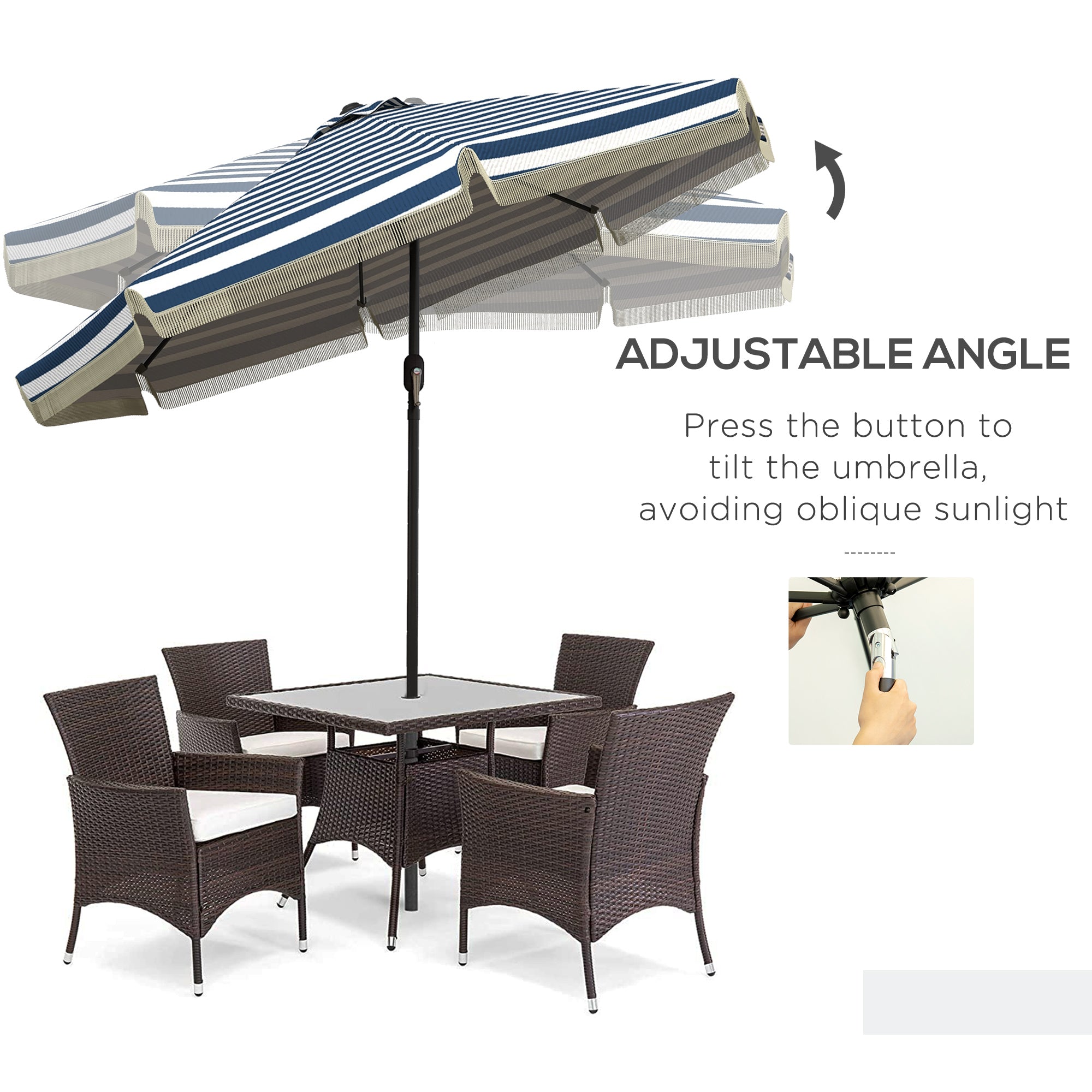 9ft Patio Umbrella Outdoor Table Umbrella w/ Tilt, Crank, Ruffled, 8 Ribs for Garden, Deck, Pool, Blue Stripe