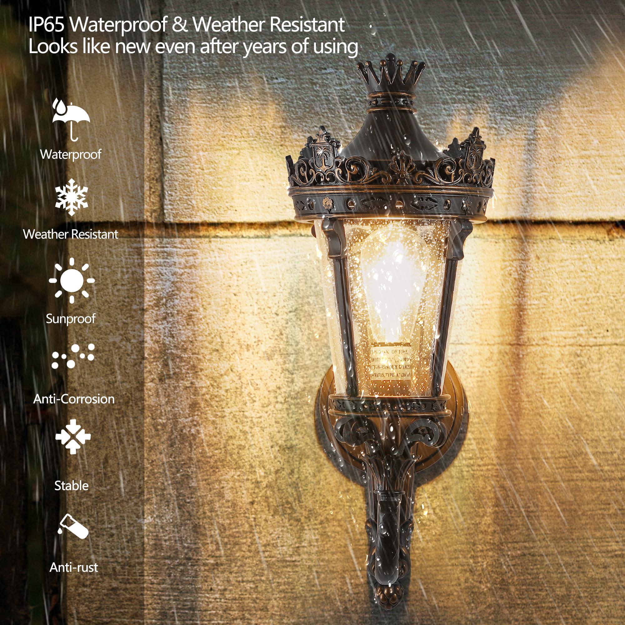 21" Vintage Outdoor Wall Lantern with Crown Top, Waterproof Exterior Sconce, Easy Installation, 10" L x 8" W x 21" H, Coffee+Golden
