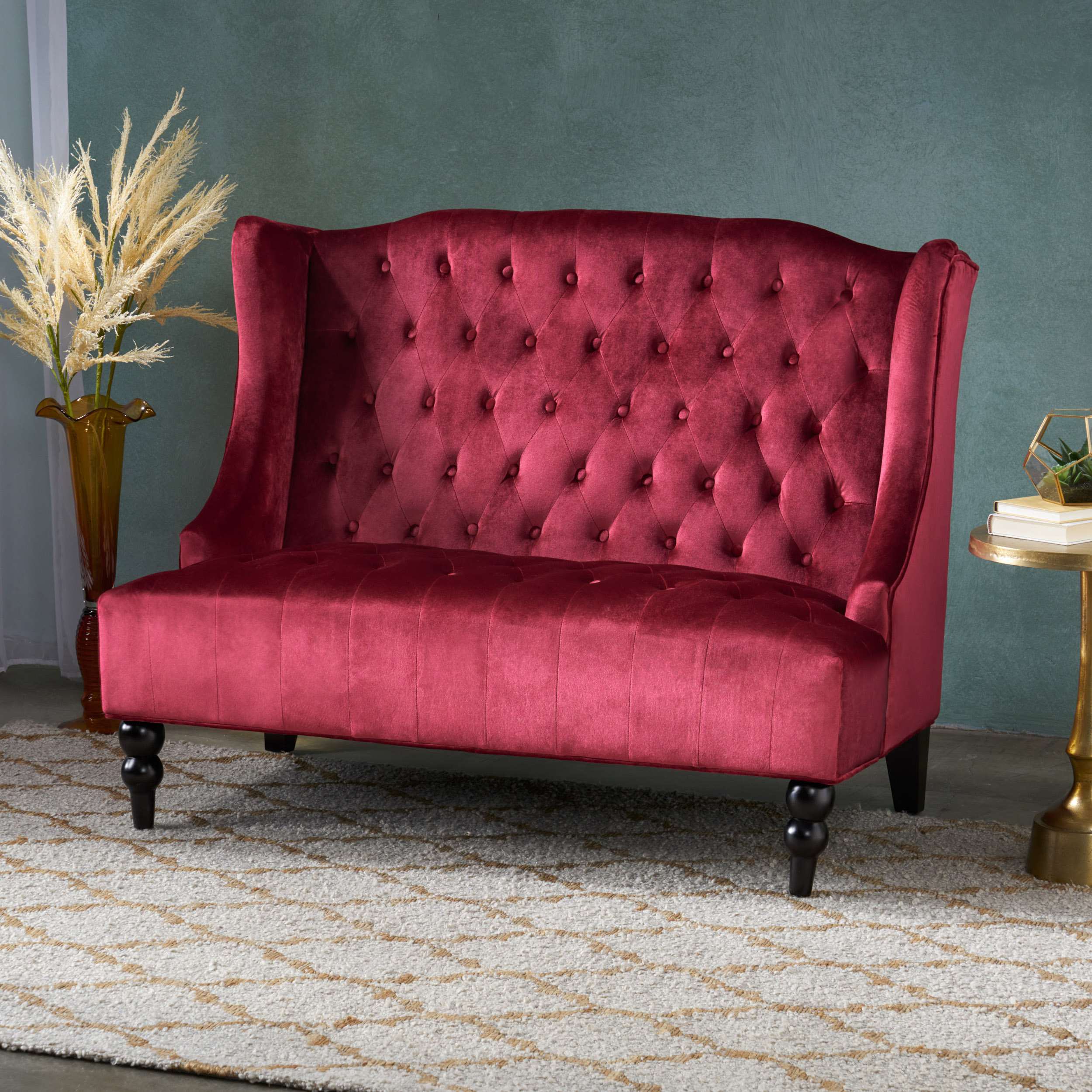 Modern Glam Loveseat Sofa with Velvet Upholstery, Wingback Design, Button-Tufted Diamond Stitch,50.50" W x 34.00" D x 38.50" H, Wine Red
