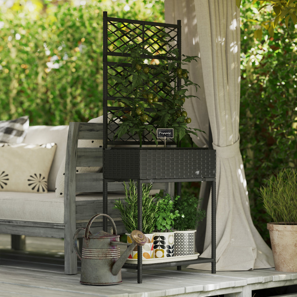 Outdoor Wicker Planter with Trellis for Climbing Plants, Freestanding Rattan Garden Box with Storage Shelf, Black