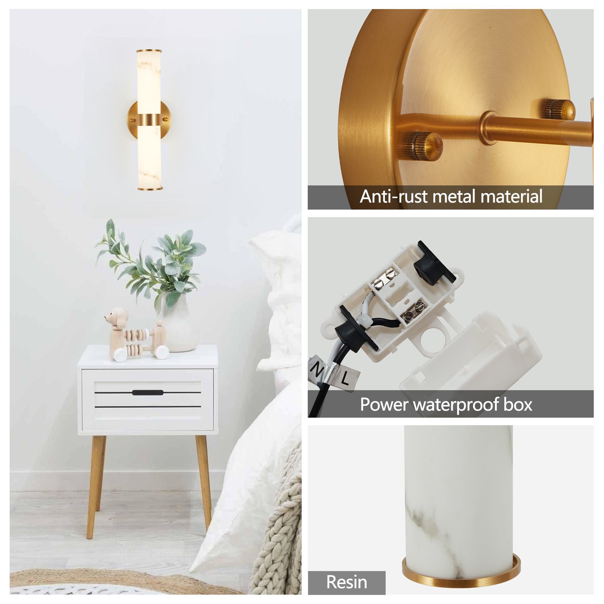 Set of 2 Resin Wall Sconces with Gold Accents, Easy Installation, Indoor Vertical Light Fixture with Marble Texture, 5" L x 5.5" W x 14" H, Gold