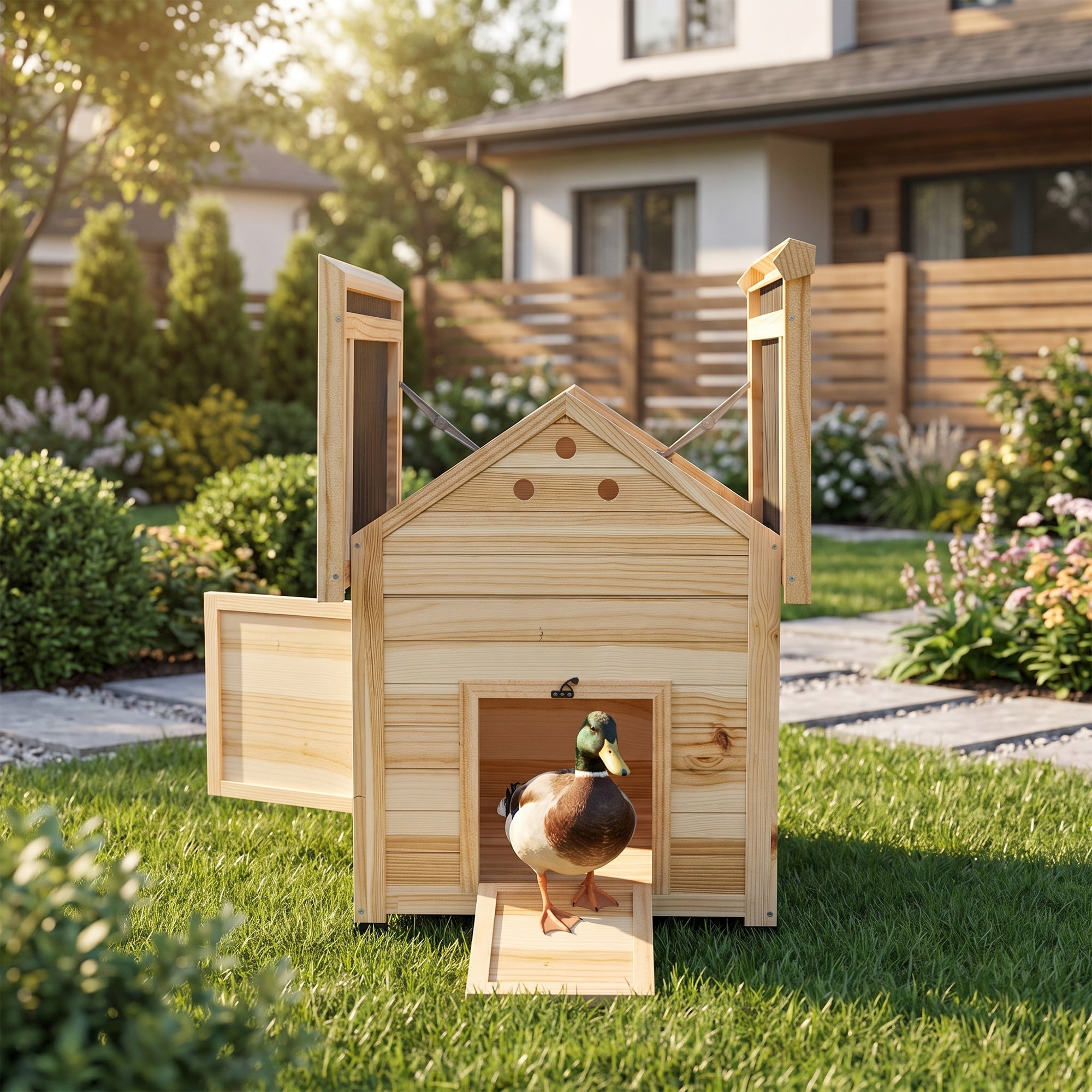 Duck Coop, Wooden Duck House with Openable Roof & Double Doors, Natural Wood