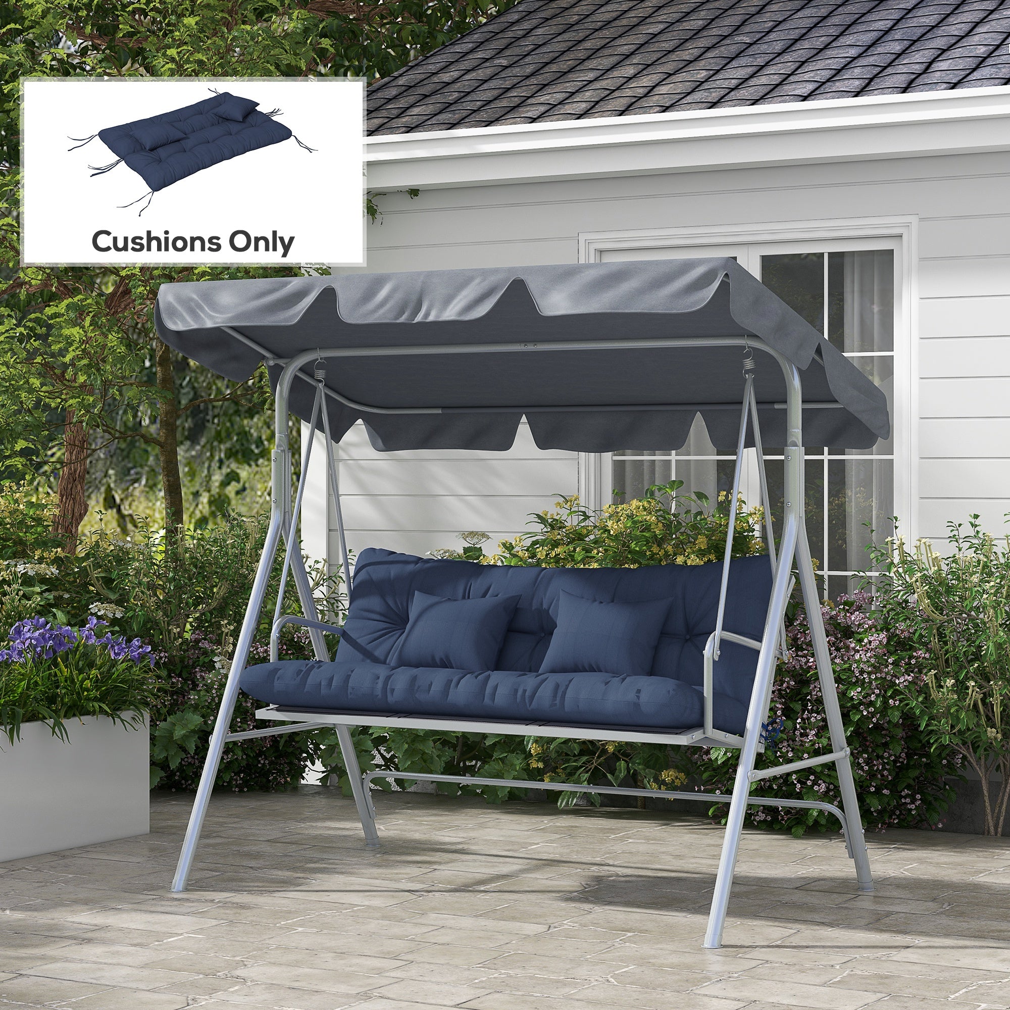 59" Tufted Bench Cushions & Throw Pillows, Replacement Bench Seat Pad, Back & 2 Pillows for Outdoor Furniture, Navy Blue