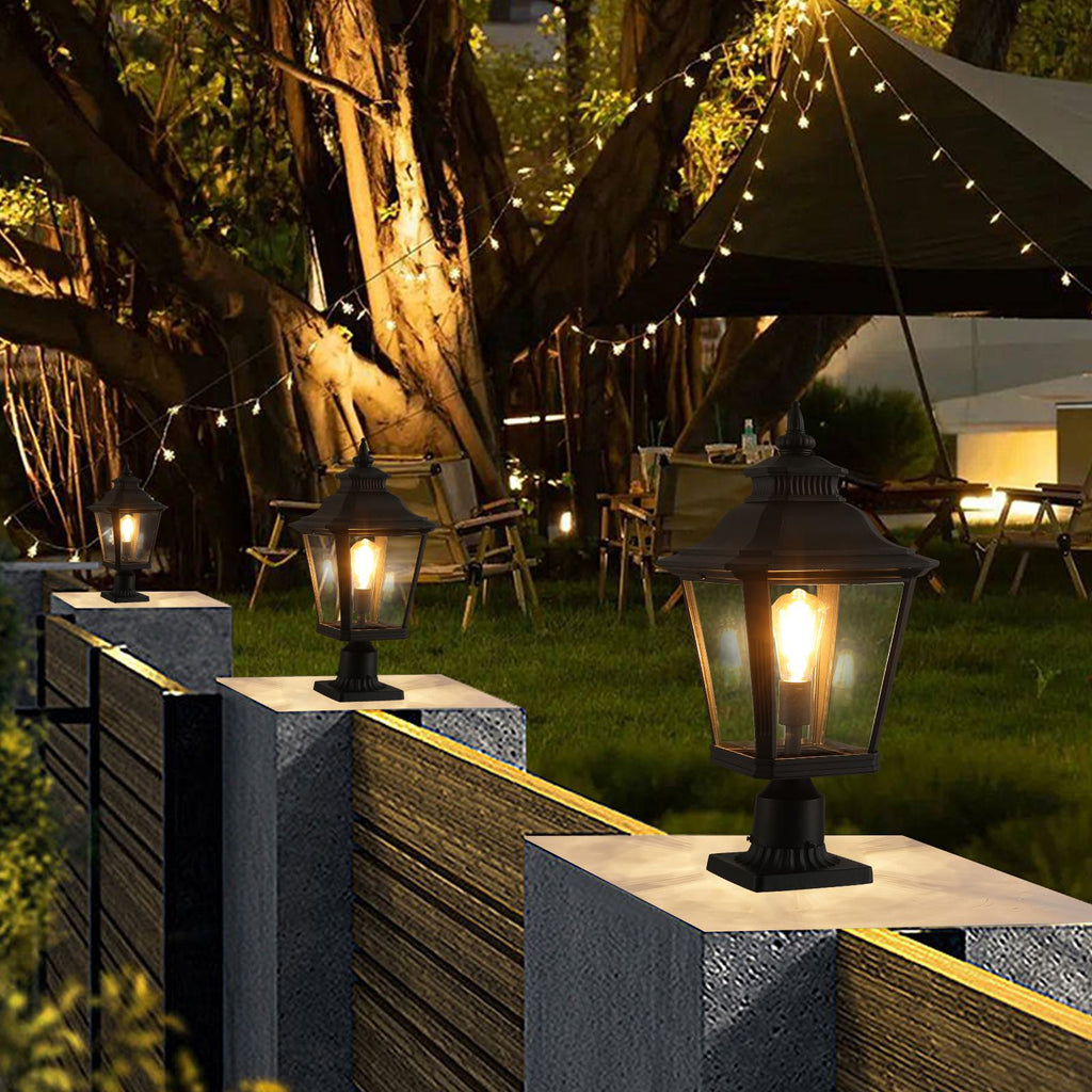 Outdoor Post Lantern Light with Pathway Lighting, Vintage Metal, Clear Glass Pillar Lamp for Garden, Gate, Driveway, 11" L x 11" W x 21" H, Black
