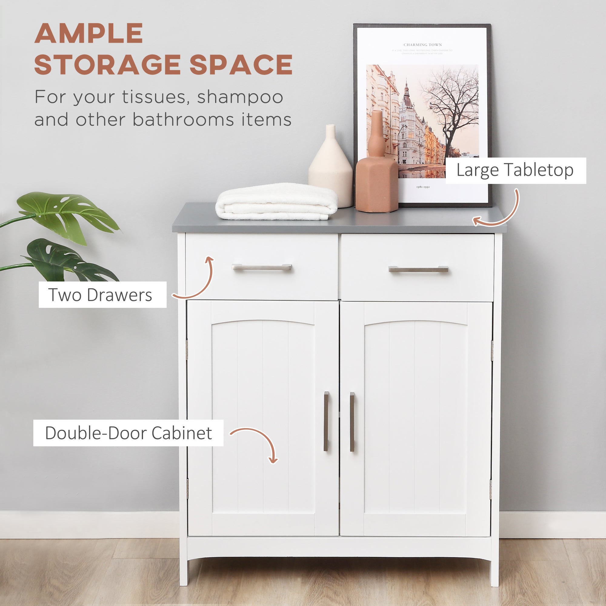 Bathroom Floor Cabinet, Freestanding Linen Cabinet, Storage Cabinet with 2 Drawers, Double Doors, Adjustable Shelf, White